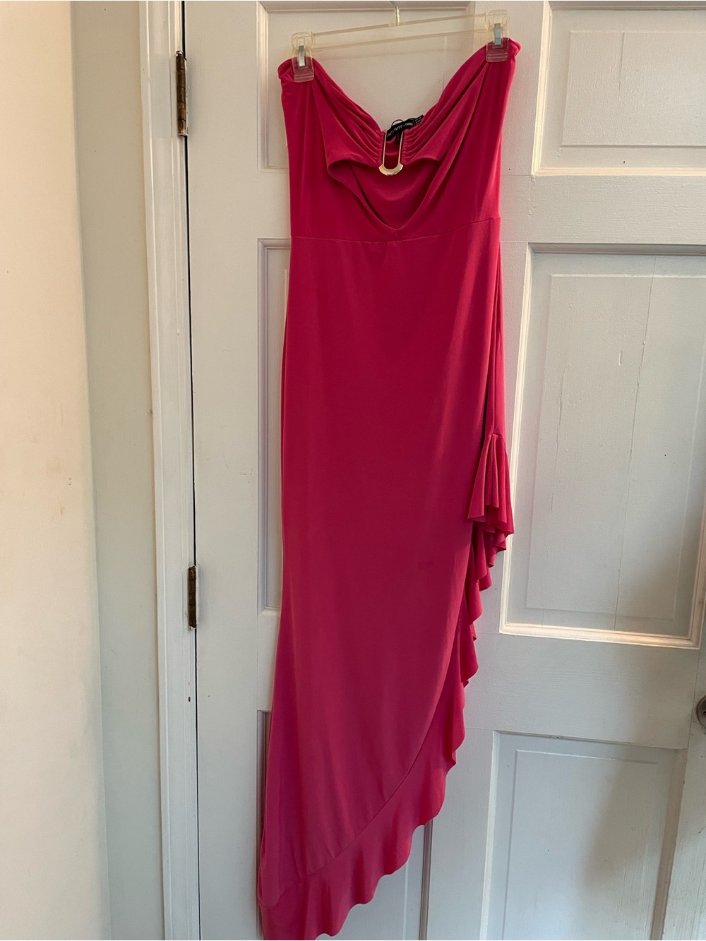 Strapless Fuchsia Ruffle Asymmetrical Evening Dress